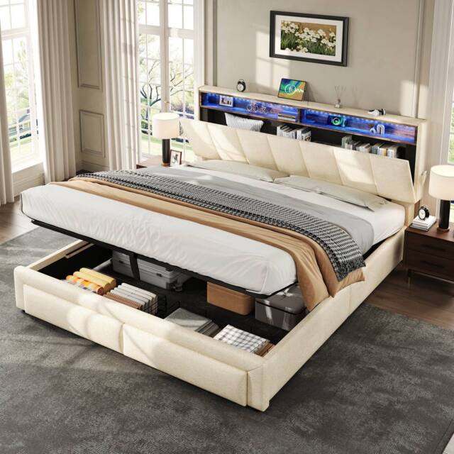 Merax Linen 5ft King Size Ottoman Storage Bed with LED & Hidden Storage in Beige - image 1