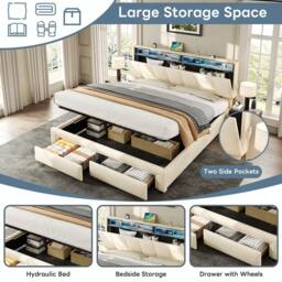 Merax Linen 5ft King Size Ottoman Storage Bed with LED & Hidden Storage in Beige - thumbnail 7