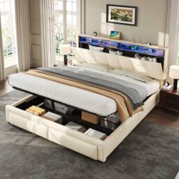 Merax Linen 5ft King Size Ottoman Storage Bed with LED & Hidden Storage in Beige - thumbnail 4