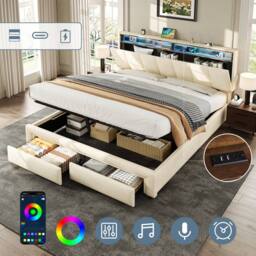 Merax Linen 5ft King Size Ottoman Storage Bed with LED & Hidden Storage in Beige - thumbnail 2