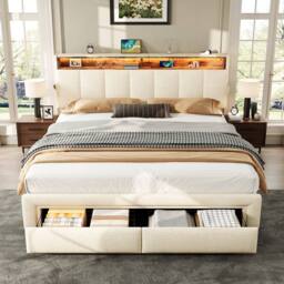 Merax Linen 5ft King Size Ottoman Storage Bed with LED & Hidden Storage in Beige - thumbnail 6