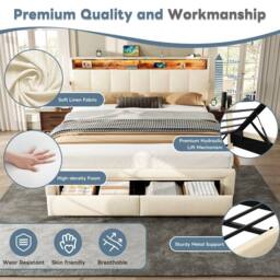 Merax Linen 5ft King Size Ottoman Storage Bed with LED & Hidden Storage in Beige - thumbnail 8