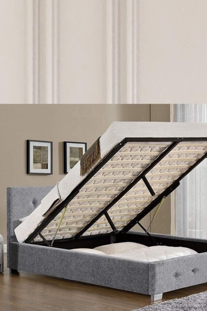 Modernique Fabric Ottoman Storage Bed with High Headboard, Gas Lift Up Base in Grey - Size: King - image 1
