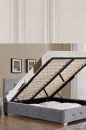 Modernique Fabric Ottoman Storage Bed with High Headboard, Gas Lift Up Base in Grey - Size: King