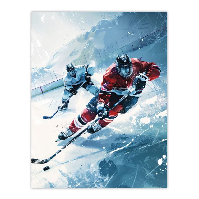 "Artery8 Ice Hockey Players in Game Oil Painting Winter Wall Art Print in Blue - Size: W24"" x H32""" - image 1