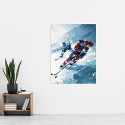 "Artery8 Ice Hockey Players in Game Oil Painting Winter Wall Art Print in Blue - Size: W24"" x H32""" - thumbnail 4