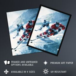 "Artery8 Ice Hockey Players in Game Oil Painting Winter Wall Art Print in Blue - Size: W24"" x H32""" - thumbnail 2