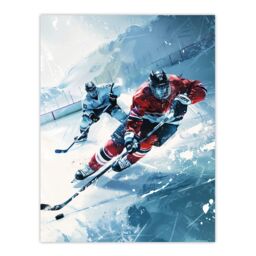 "Artery8 Ice Hockey Players in Game Oil Painting Winter Wall Art Print in Blue - Size: W24"" x H32""" - thumbnail 1