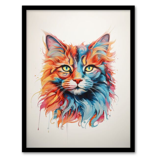 "Artery8 Wall Art Print Maine Coon Cat Lover Gift Pet Portrait Orange Blue Pink Artwork Painting Art Framed - Size: W12"" x H16""" - image 1
