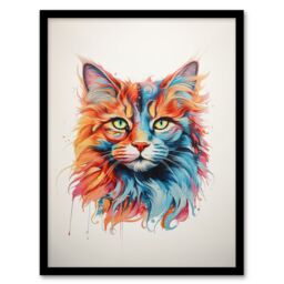 "Artery8 Wall Art Print Maine Coon Cat Lover Gift Pet Portrait Orange Blue Pink Artwork Painting Art Framed - Size: W12"" x H16""" - thumbnail 1