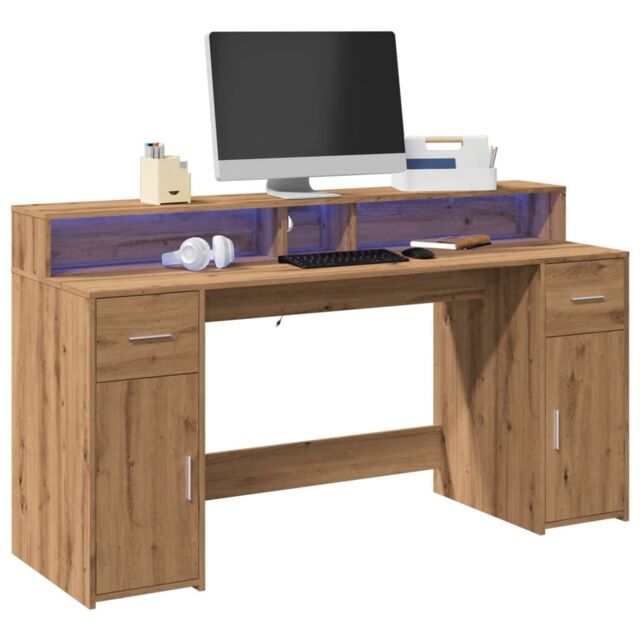 Berkfield Home Desk with LED Lights Artisian Oak 160x55x91 cm Engineered Wood in Brown - Size: 160 x 55 x 91 cm - image 1