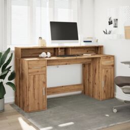 Berkfield Home Desk with LED Lights Artisian Oak 160x55x91 cm Engineered Wood in Brown - Size: 160 x 55 x 91 cm - thumbnail 4
