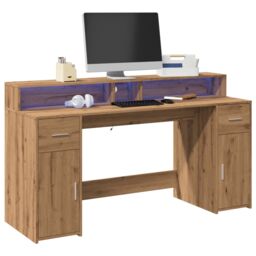 Berkfield Home Desk with LED Lights Artisian Oak 160x55x91 cm Engineered Wood in Brown - Size: 160 x 55 x 91 cm - thumbnail 1