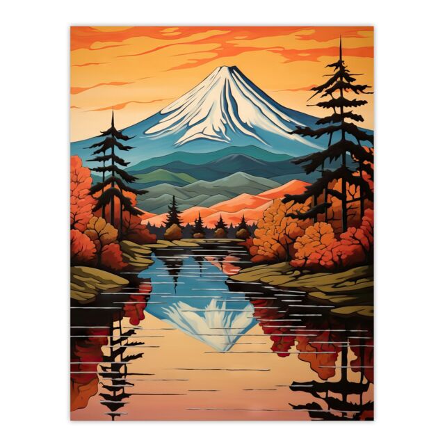 Artery8 Mount Fuji Reflecting In Lake Kawaguchi Waters Oil Painting Autumn In Japan Sacred Volcano Mountain Extra Large XL Unframed Wall Art Poster - image 1