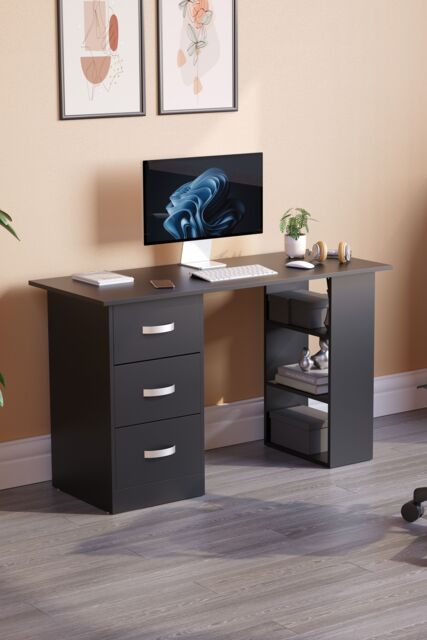 Home Discount Vida Designs Mason 3 Drawer With 3 Shelves Computer Desk Storage Office Study Gaming Table in Black - image 1