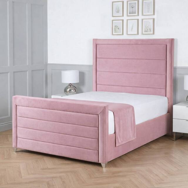 Living Comfort Bedz Selena Plush Velvet Upholstered Bed Slatted Base with 48Inch Headboard in Pink - Size: Small Double - image 1