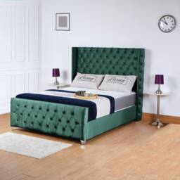 UK Bed Furniture Windsor Wingback Slatted Base Upholstered Bed with 48 Inch Headboard in Green - Size: Single - thumbnail 1