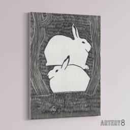 "Artery8 Two Stylised Snow Hares Samuel J De Mesquita Canvas Wall Art Print in Black - Size: W12"" x H16""" - thumbnail 2
