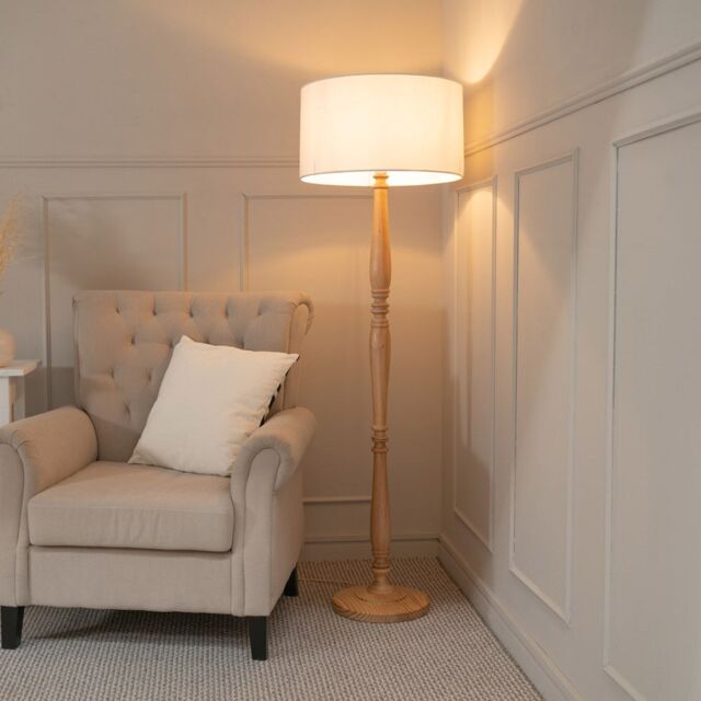 ValueLights Victoria Light Wood Traditional Stem Floor Lamp with Fabric Drum Shade in White - image 1