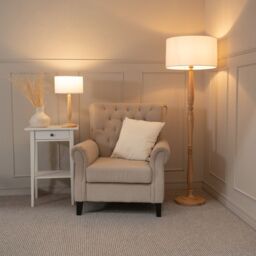 ValueLights Victoria Light Wood Traditional Stem Floor Lamp with Fabric Drum Shade in White - thumbnail 4