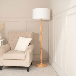 ValueLights Victoria Light Wood Traditional Stem Floor Lamp with Fabric Drum Shade in White - thumbnail 3