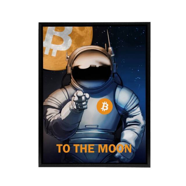 "Artery8 Bitcoin To Moon Crypto Astronaut Framed Canvas Wall Art Print in Blue - Size: W12"" x H16""" - image 1