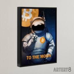"Artery8 Bitcoin To Moon Crypto Astronaut Framed Canvas Wall Art Print in Blue - Size: W12"" x H16""" - thumbnail 2