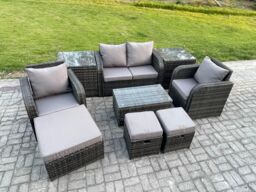 Fimous Wicker PE Rattan Outdoor Furniture Set Garden Love Sofa Coffee Table 2 Armchair 3 Footstools 2 Side Tables in Dark Grey - thumbnail 2