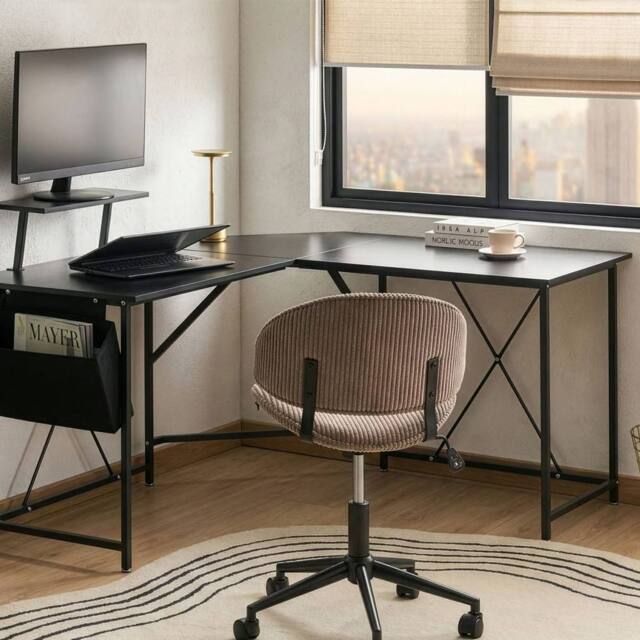 Wyld and Coco L Shaped Corner Desk Black Wood Top Raised Monitor Stand Side - image 1