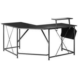 Wyld and Coco L Shaped Corner Desk Black Wood Top Raised Monitor Stand Side - thumbnail 5