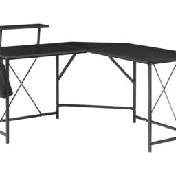 Wyld and Coco L Shaped Corner Desk Black Wood Top Raised Monitor Stand Side - thumbnail 2