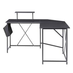 Wyld and Coco L Shaped Corner Desk Black Wood Top Raised Monitor Stand Side - thumbnail 3