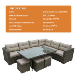 FURNITURE ONE 9 Seater Rattan Garden Corner Sofa Conversation Furniture Set w Cushions - thumbnail 2