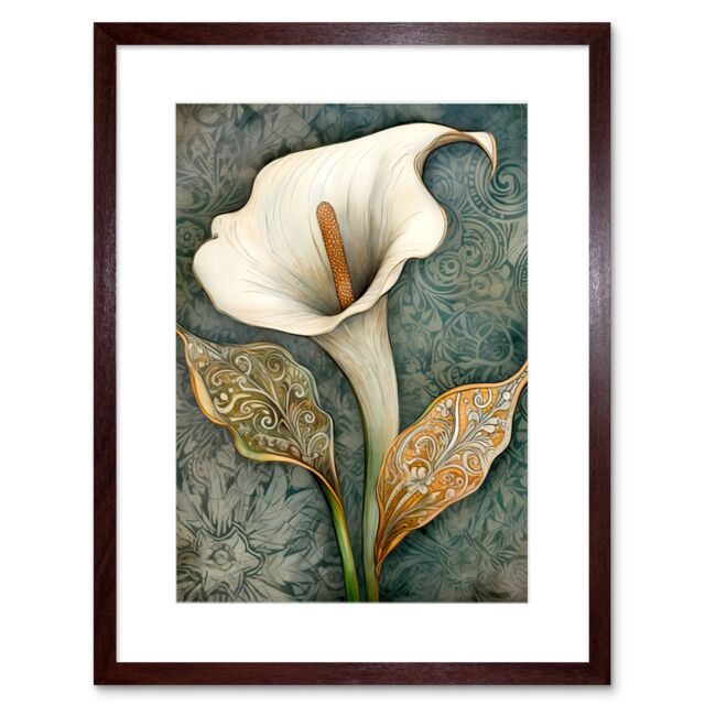 "Artery8 Wall Art Print William Morris Style Art Nouveau Calla Lily Flower Artwork Framed 9X7 Inch in Brown - Size: W7"" x H9""" - image 1