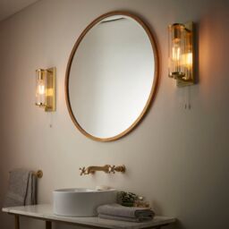 Loops Satin Brass Bathroom Wall Light & Ribbed Cylinder Glass Shade IP44 Rated Fitting in Clear - thumbnail 4