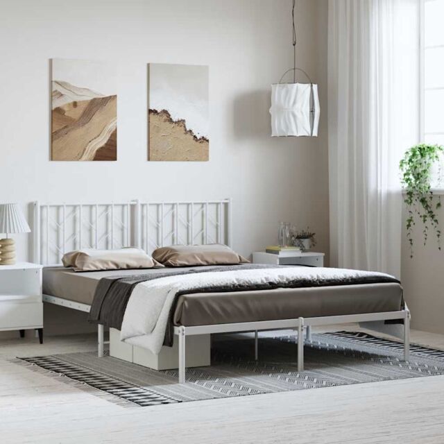 Berkfield Home Metal Bed Frame without Mattress with Headboard White 150x200cm - Size: 150x200 cm - image 1