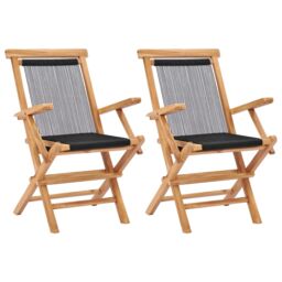Berkfield Home Folding Garden Chairs 2 pcs Solid Teak Wood & Rope in Black - thumbnail 1