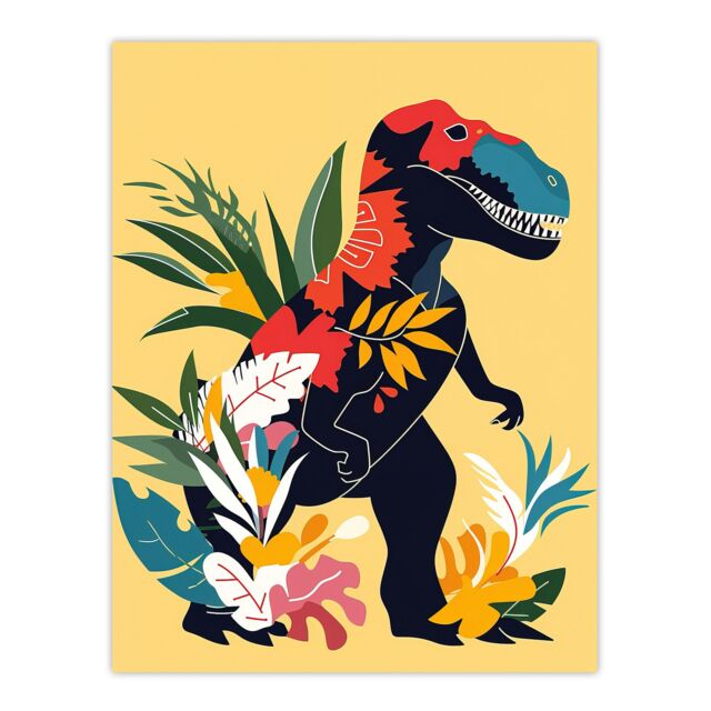 "Artery8 Boho T Rex Dinosaur Plants Graphic Collage Wall Art Print in Yellow - Size: W12"" x H16""" - image 1