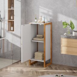 H&O Direct Single-door Freestanding Bamboo Frame Bathroom Storage Cabinet in White - thumbnail 2