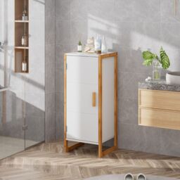H&O Direct Single-door Freestanding Bamboo Frame Bathroom Storage Cabinet in White