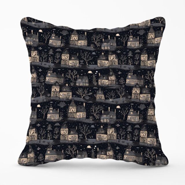 Warren Reed - Designer Spooky Haunted Houses Outdoor Cushion in Grey - Size: 60 cm x 60 cm - image 1