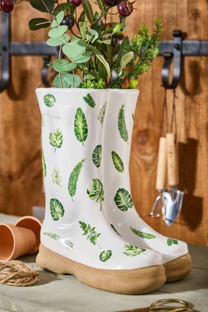 Dibor Large Leaves Indoor Outdoor Welly Boots Planter H29.5 x W24cm in White - image 1