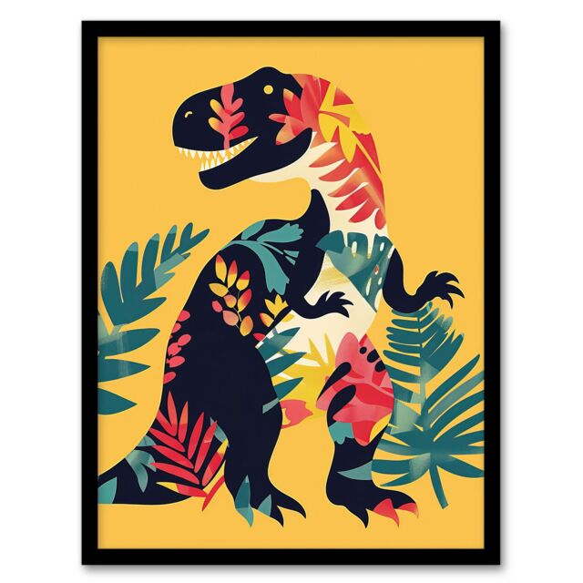 "Artery8 Boho Botanical Pattern T Rex Dinosaur Design Framed Wall Art in Yellow - Size: W12"" x H16""" - image 1