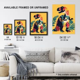 "Artery8 Boho Botanical Pattern T Rex Dinosaur Design Framed Wall Art in Yellow - Size: W12"" x H16""" - thumbnail 3