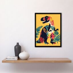 "Artery8 Boho Botanical Pattern T Rex Dinosaur Design Framed Wall Art in Yellow - Size: W12"" x H16""" - thumbnail 4