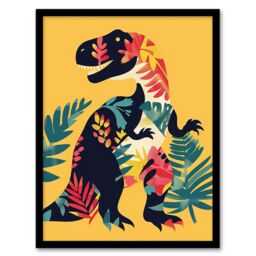 "Artery8 Boho Botanical Pattern T Rex Dinosaur Design Framed Wall Art in Yellow - Size: W12"" x H16""" - thumbnail 1
