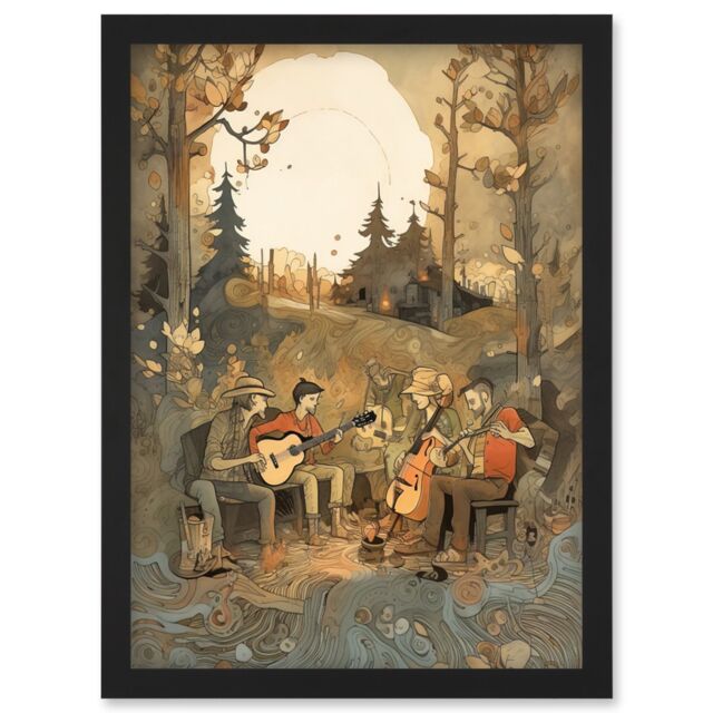 Artery8 Countryside Folk Band Musicians Playing Music in the Forest at Sunset Modern Watercolour Painting Artwork Framed Wall Art Print A4 in Black - image 1