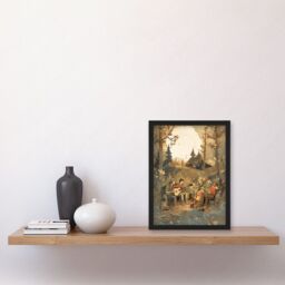 Artery8 Countryside Folk Band Musicians Playing Music in the Forest at Sunset Modern Watercolour Painting Artwork Framed Wall Art Print A4 in Black - thumbnail 2