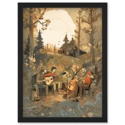 Artery8 Countryside Folk Band Musicians Playing Music in the Forest at Sunset Modern Watercolour Painting Artwork Framed Wall Art Print A4 in Black - thumbnail 1