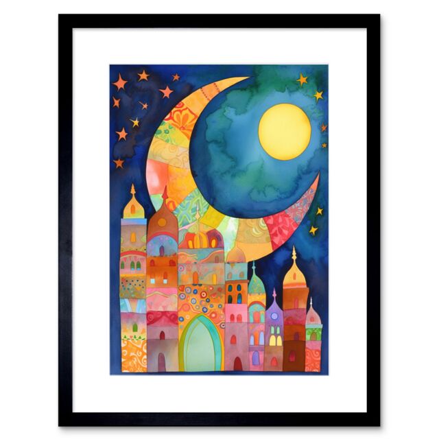 "Artery8 Wall Art Print Eid Crescent Moon Cityscape Folk Art Watercolour Painting Artwork Framed 9X7 Inch in Black - Size: W7"" x H9""" - image 1